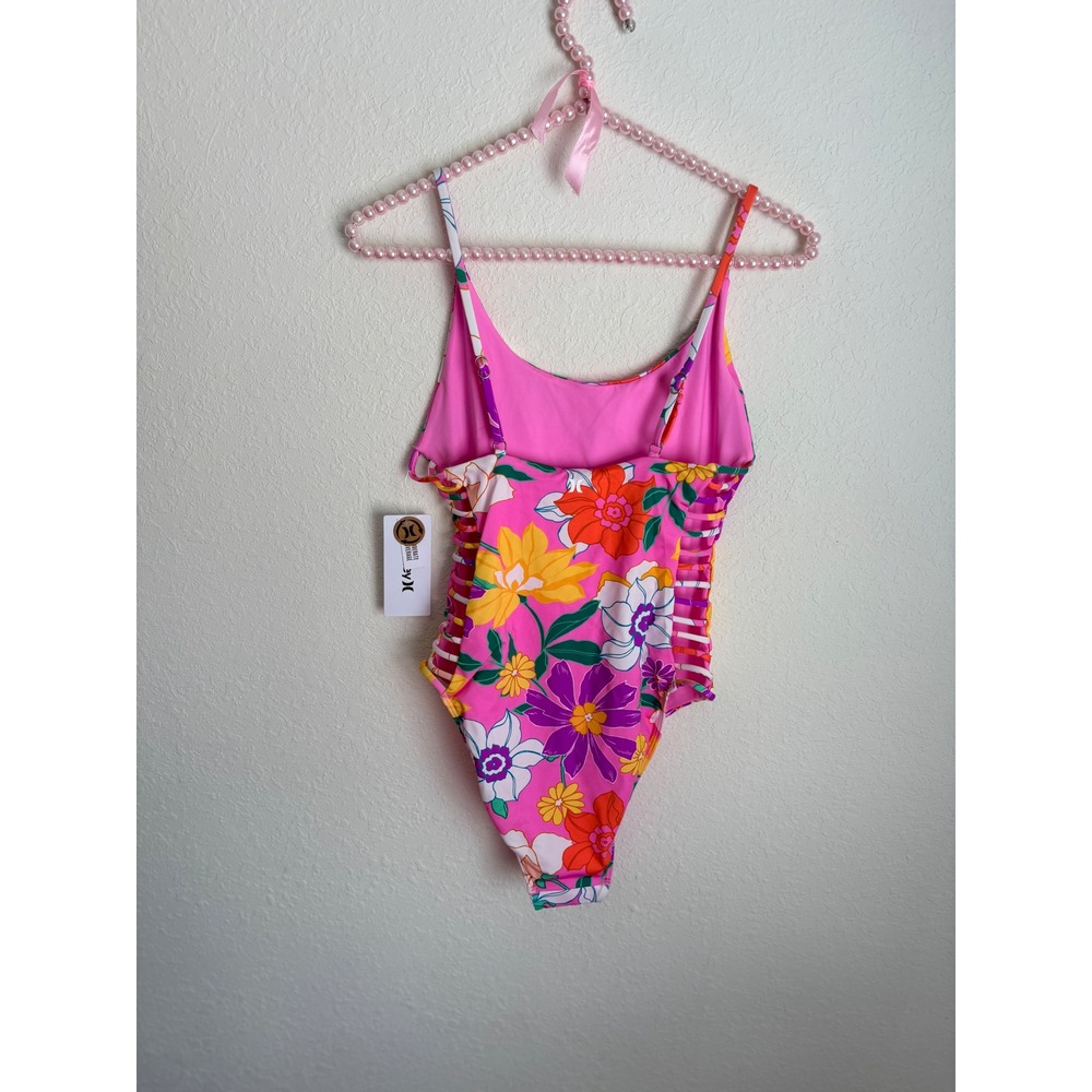 Hurley Daisy Delight Mod One Piece Swimsuit Pink Floral Side Cutout Size M - Picture 2 of 12